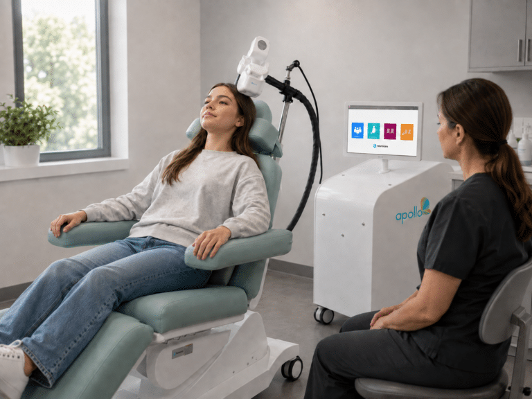 Teen receiving TMS therapy while a clinician monitors the session in a calm treatment room.