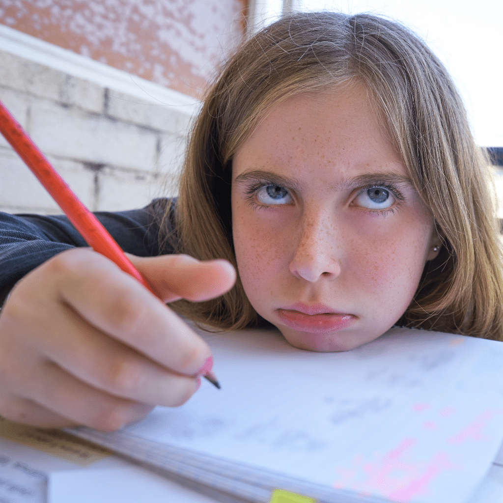 Child lying over homework with a pencil in hand, reflecting how ADHD signs in children can include trouble staying focused or finishing tasks.