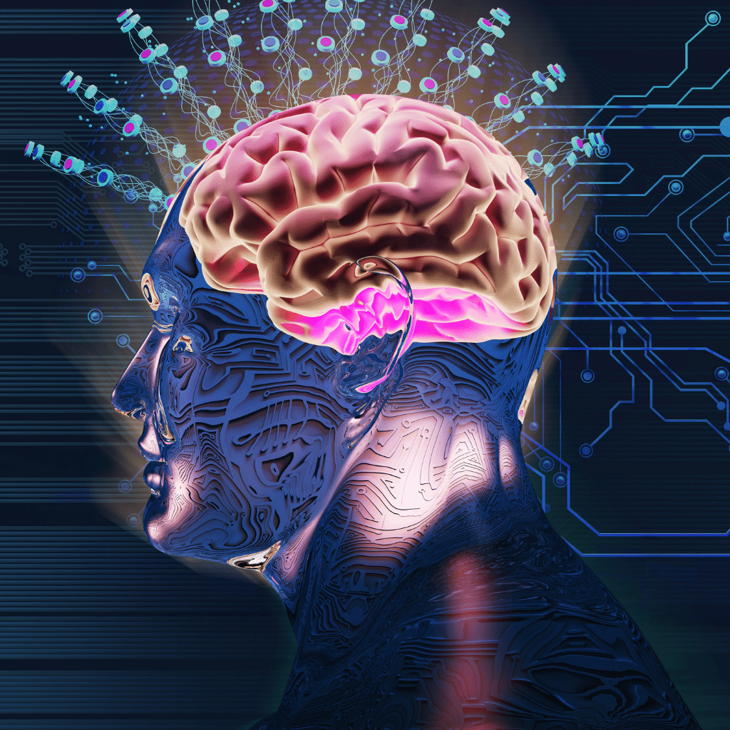 Illustration of the brain with digital stimulation patterns, representing how accelerated TMS uses repeated magnetic stimulation over a shorter treatment schedule.