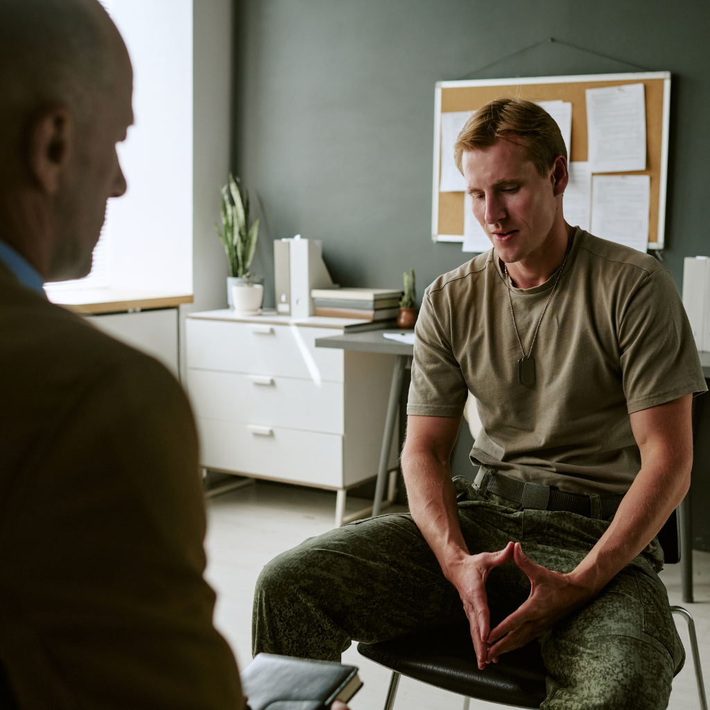 Moral Injury in Veterans: When It's Not Fear, It's Guilt 2 Veteran speaking with a mental health professional about guilt, shame, and difficult experiences related to moral injury.