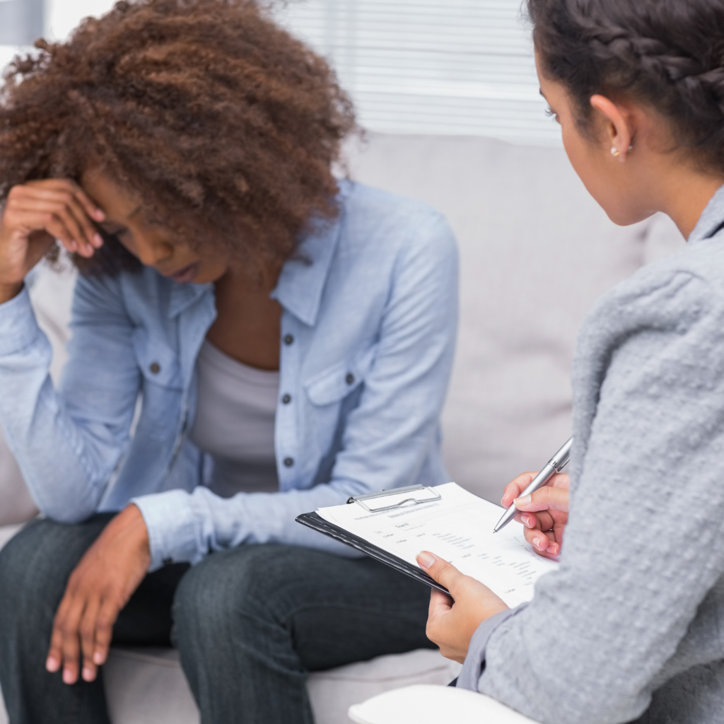 Patient speaking with a mental health professional during an evaluation for stress, anxiety, sleep, and other concerns.