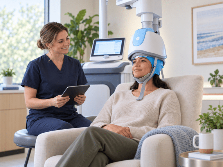 Patient receiving TMS therapy while a clinician monitors the session, illustrating an accelerated TMS protocol in a calm treatment setting.