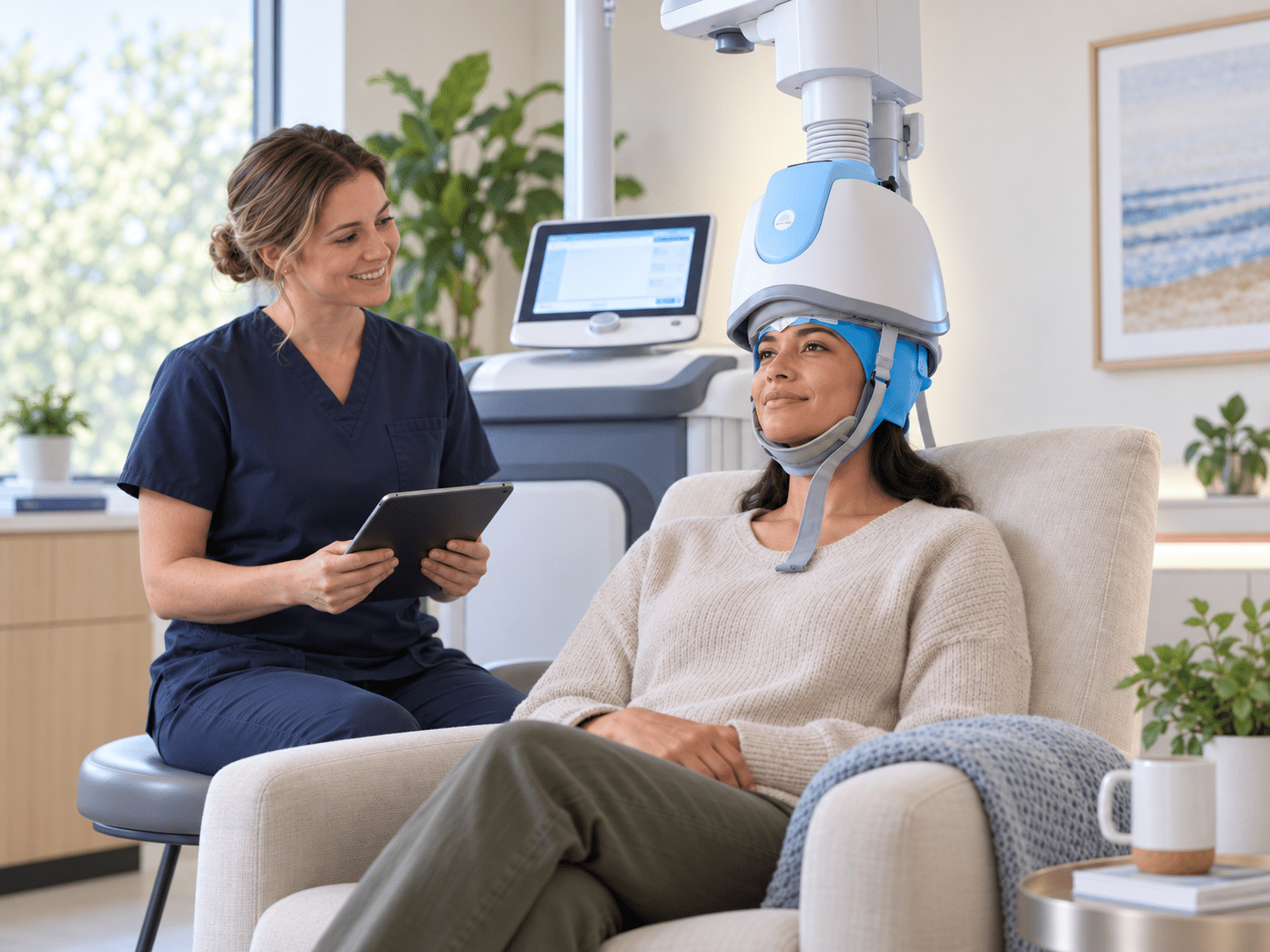 Patient receiving TMS therapy while a clinician monitors the session, illustrating an accelerated TMS protocol in a calm treatment setting.