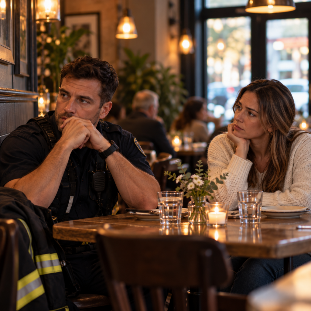 First responder sitting with his spouse at a restaurant while looking toward the room, reflecting hypervigilance and difficulty switching off after work.