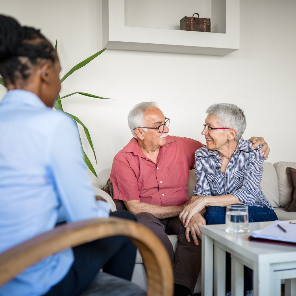 TMS for Older Adults: A Non-Medication Option for Late-Life Depression 2 Older couple speaking with a healthcare provider about treatment options and next steps.