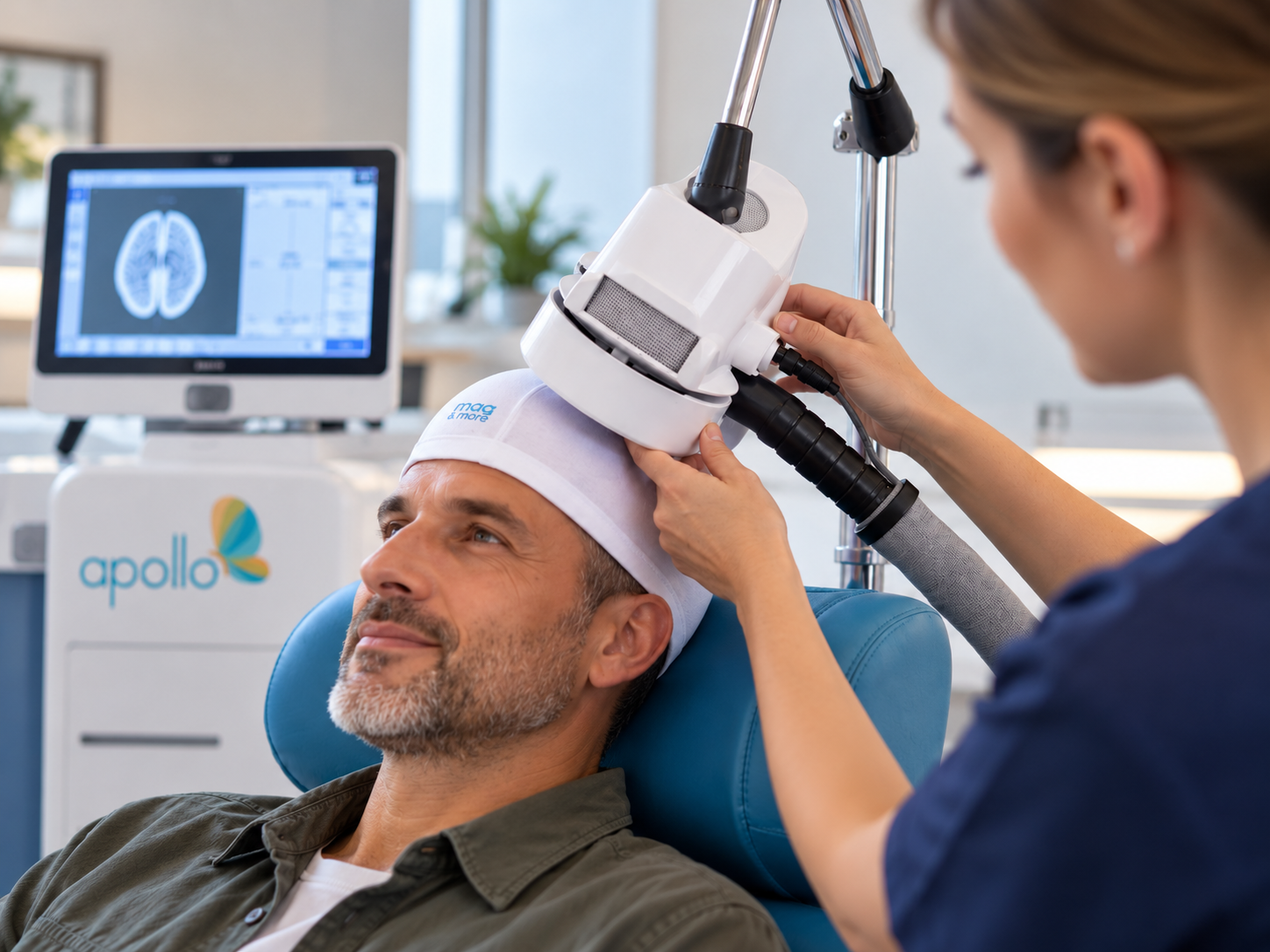 Patient receiving TMS treatment while a clinician positions the stimulation coil on his head during an OCD therapy session.