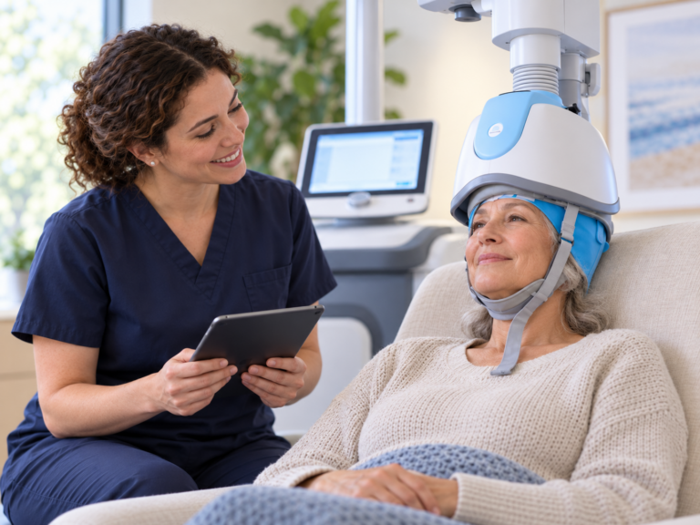 Older woman receiving TMS treatment while a clinician monitors the session.