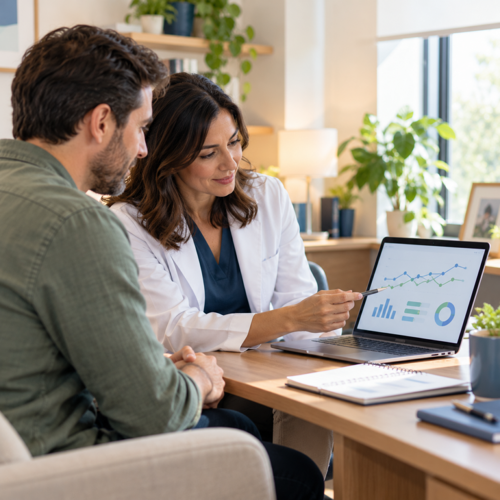 Measurement-Based Care at Animo Sano: What Our Data Shows 1 Mental health provider reviewing symptom scores and progress data with a patient during an appointment.