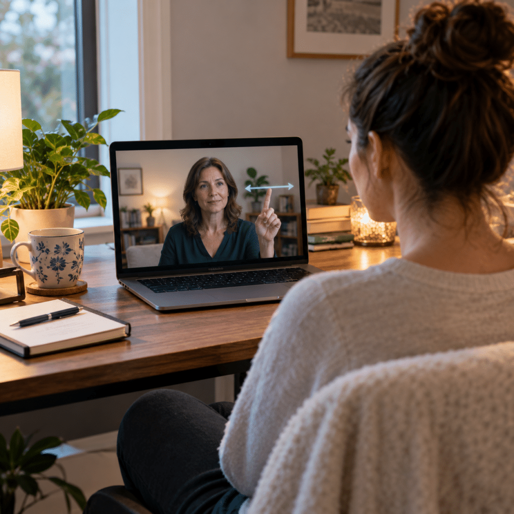 Client attending an online EMDR therapy session while a therapist guides eye movements through a video call.