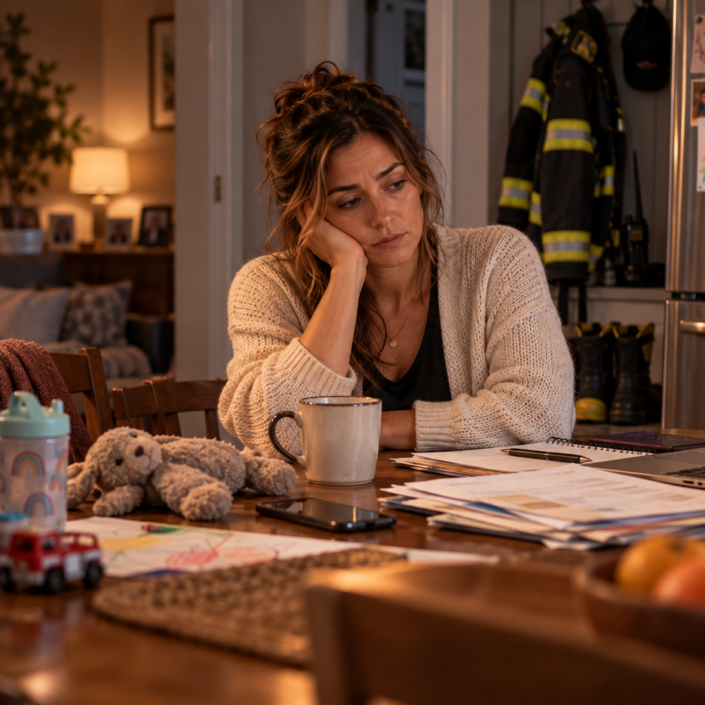 First responder spouse sitting alone at a kitchen table looking exhausted, with household responsibilities and firefighting gear nearby.